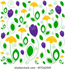 Vector floral pattern of yellow daisies and purple tulips on a white background.