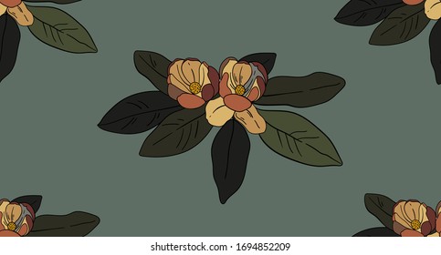 Vector floral pattern.Illustration of magnolia on green background.Vector illustration for greeting card,invitation,design,brochure,poster,banner,flyer,print,wrapping paper,textiles and websites.