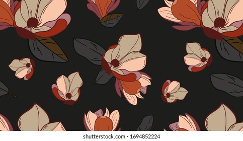 Vector floral pattern.Illustration of magnolia on black background.Vector illustration for greeting card,invitation,design,brochure,poster,banner,flyer,print,wrapping paper,textiles and websites.