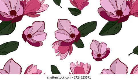 Vector floral pattern.Illustration of magnolia on a white background.Vector illustration for greeting card,invitation,design,brochure,poster,banner,flyer,print,wrapping paper,textiles and websites.