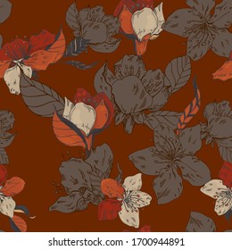 Patrón floral vectorial.Imagen en color naranja.Ilustración floral de primavera.Ilustración vectorial para tarjeta de felicitación, invitación,diseño,folleto,afiche,pancarta,volante,impresión,papel envolvente,textiles.