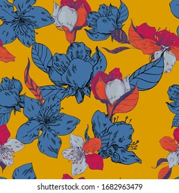 Blumenmuster der Vektorillustration.Bild auf gelbem Hintergrund.Frühlingsblumen Illustration.Vektorillustration-Illustration für Grußkarte,Einladung,Design,Broschüre,Poster,Banner,Flyer,Druck,Umhüllungspapier,Textilien.