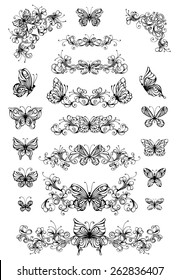 Vector floral patterns with butterflies. Vintage nature page dividers and decorations with butterflies isolated on white background. Ornate elements for your design.