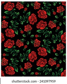 Vector floral pattern.Wallpaper or textile. Red roses isolated on black background.Ukrainian style.Eps 10.