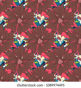 Vector floral pink, black and brown pattern. Seamless cute mille-fleurs texture for fabric, wrapping, printing, textile.