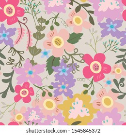 Vector floral pink and blue seamless repeat pattern with green sprigs and foliage