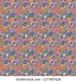 Vector floral pink, gray and blue pattern. Seamless cute mille-fleurs texture for fabric, wrapping, printing, textile.
