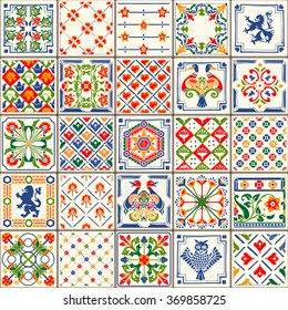 Vector Floral Portugal Ceramic Tile Pattern Portuguese Set Portugal Collection Spain Floor Patchwork Texture Traditional Ceramic Tile Vintage Illustration background Vector Portugal Pattern Clipart