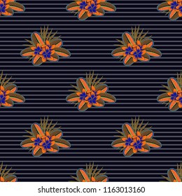 Vector floral print in black, gray and brown colors. Cute plumeria flowers pattern. Watercolor seamless pattern on striped background.