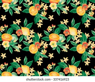 Vector floral print with blooming flowers, lemons and limes on a black background.