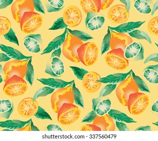 Vector floral print with blooming flowers, lemons and limes on a yellow background.