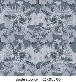Vector floral print in blue, green and gray colors. Cute hibiscus flowers pattern. Watercolor seamless pattern on striped background.