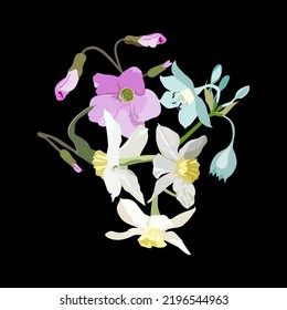 Vector floral print, flowers eucharis, daffodils, on a black background close-up