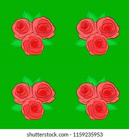 Vector floral print in green, orange and pink colors. Cute rose flowers and green leaves pattern. Seamless pattern on striped background.