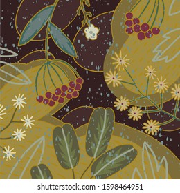 vector floral print. muted ocher color. Image of forest flowers, berries, leaves, herbs on an abstract background. stylized vintage textural spring art for textiles, covers, cards, backgrounds, poster