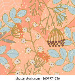 vector floral print. muted pastel color.Image of forest flowers, berries, leaves, herbs on an abstract background. stylized vintage textural spring art for textiles, covers, cards, backgrounds, poster