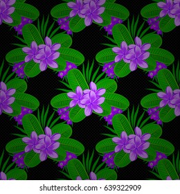 Vector floral print on a black background. Cute plumeria flowers pattern. Watercolor seamless pattern on striped background.