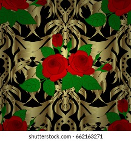 Vector floral print on a black background. Cute rose flowers and green leaves pattern. Watercolor seamless pattern on striped background.