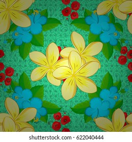Vector floral print on a green background. Cute plumeria flowers pattern. Watercolor seamless pattern on striped background.
