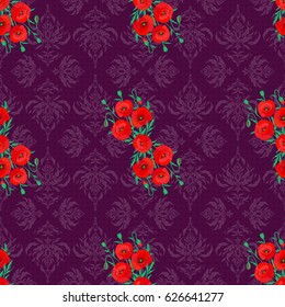 Vector floral print on a purple background. Cute poppy flowers pattern. Watercolor seamless pattern on striped background.