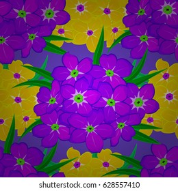 Vector floral print on a violet background. Cute primula flowers pattern. Watercolor seamless pattern on striped background.
