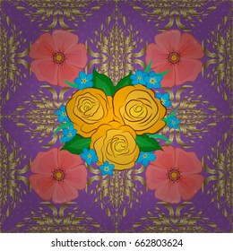 Vector floral print on a violet background. Cute rose flowers and green leaves pattern. Watercolor seamless pattern on striped background.