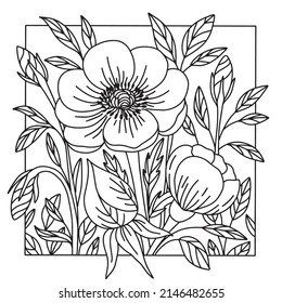 Vector floral print on a white background in a square for t-shirts, fabric, posters, covers. High quality black flowers illustration in one line