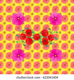 Vector floral print on a yellow background. Cute cosmos flowers pattern. Watercolor seamless pattern on striped background.