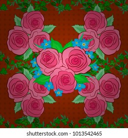 Vector floral print in orange, green and pink colors. Cute rose flowers and green leaves pattern. Watercolor seamless pattern on striped background.
