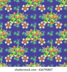 Vector floral print in orange and green colors. Watercolor seamless pattern on striped background.