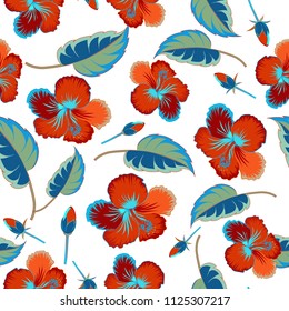 Vector floral print in orange, white and blue colors. Cute hibiscus flowers pattern. Watercolor seamless pattern on striped background.
