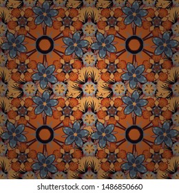 Vector floral print in orange, yellow and gray colors. Watercolor seamless pattern on striped background.