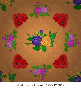 Vector floral print in red, orange and green colors. Cute rose flowers and green leaves pattern,. Watercolor seamless pattern on striped background.