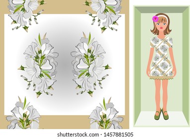 Vector floral prints of decorative white drawn flowers seamless pattern for textiles, scarves, hijab. An example of the use of a cartoon girl in a dress with a floral pattern.