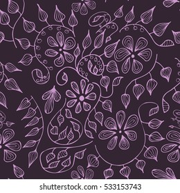 Vector floral purple seamless pattern. Hand drawn background with leaves and flowers.