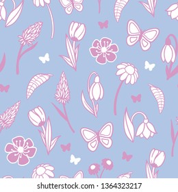 Vector floral purple spring garden seamless repeat pattern. With flowers, butterflies and leaves in white and purple.