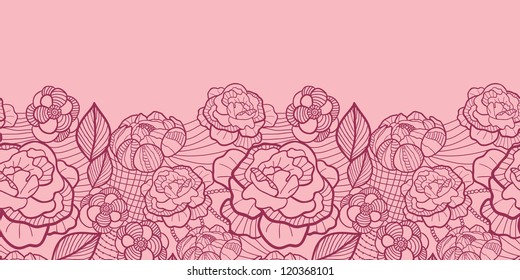 Vector floral red line art horizontal seamless pattern ornament with hand drawn flowers on light pink background