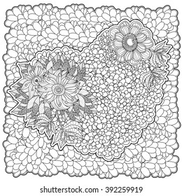 Vector floral romantic pattern with ornamental heart. Coloring book page for adult. square form