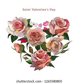 Vector floral  romantic pink peach beige red green drawing elements, roses, rosebuds, leaves, lips, envelope and hearts. Set of flowers.