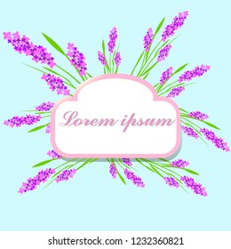 Vector floral romantic set. Small purple lilac flowers frame. Greeting card or invitation card. 