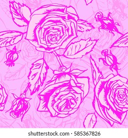 Vector floral roses floral pattern flowers graphic background on a pink color. Silhouette floral pattern blossom roses and buds.