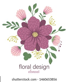 Vector floral round decorative element. Flat trendy illustration with flowers, leaves, branches. Meadow, woodland, forest clip art. Beautiful spring or summer bouquet isolated on white background