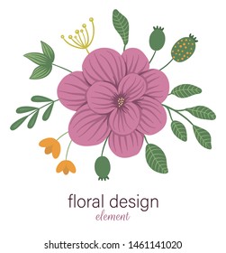 Vector floral round decorative element. Flat trendy illustration with flowers, leaves, branches. Meadow, woodland, forest clip art. Beautiful spring or summer bouquet isolated on white background