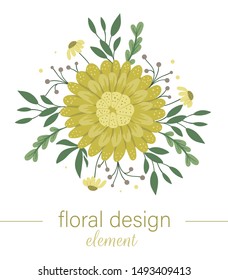 Vector floral round decorative element. Hand drawn flat trendy illustration with flowers, leaves, branches. Meadow, woodland, forest clip art. Beautiful garden bouquet isolated on white