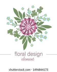 Vector floral round decorative element. Flat trendy illustration with flowers, leaves, branches. Meadow, woodland, forest clip art. Beautiful spring garden bouquet isolated on white background