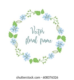 Vector floral round decorative frame with cute blue flowers and leaves