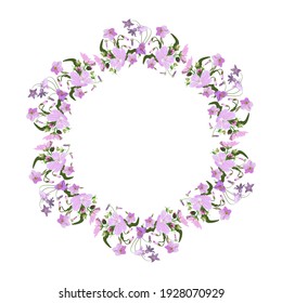 Vector floral round frame for design of greeting cards, wedding invitations labels, pink and lilac flowers with buds isolated on white background in the center of memto for text