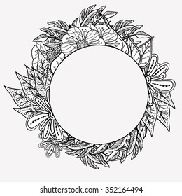 Vector floral round frame. Ethnic retro design in zentangle style with flowers and abstract elements,Black line art on white background.
