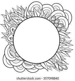Vector floral round frame. Ethnic retro design in zentangle style with flowers and abstract elements,Black line art on white background.