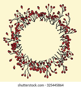Vector floral round frame. Hand drawn circle frame made of hawthorn branches. Beautiful floral design.